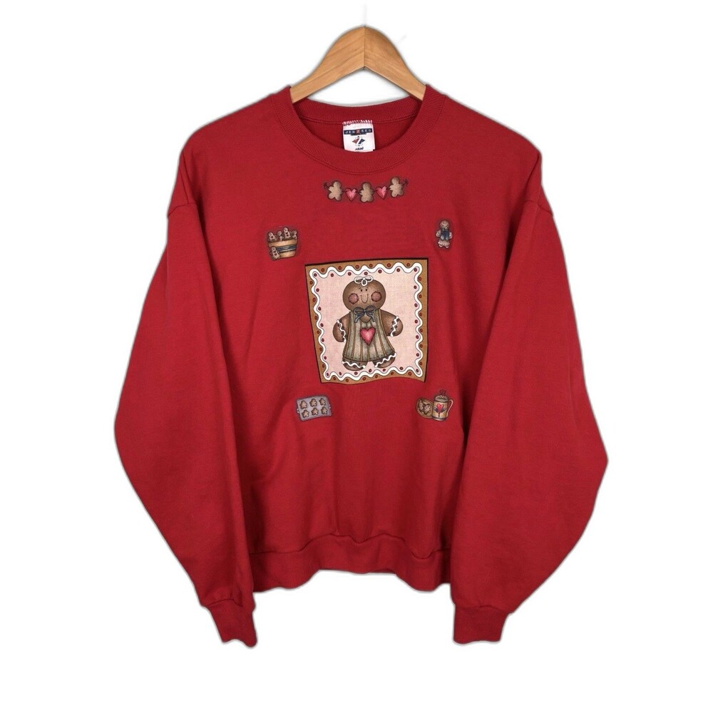 Women's Red Jerzees Gingerbread Man Crewneck Sweatshirt Size L
